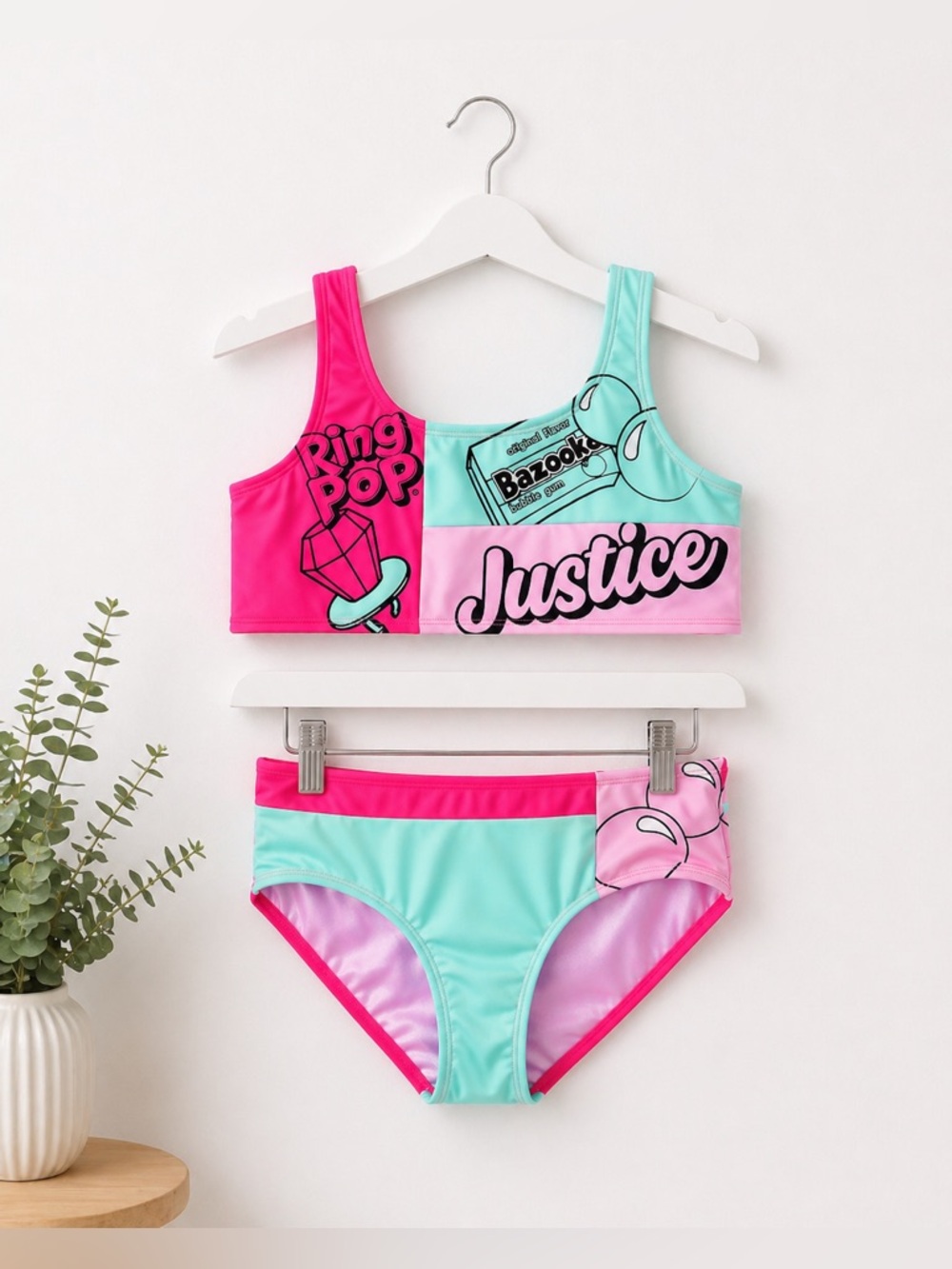 NWOT Girls Justice 2-Piece Bikini Set Size 10 Colorblock Ring Pop Graphic
